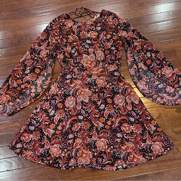 Long split sleeve rust print dress size small - Picture 1 of 6